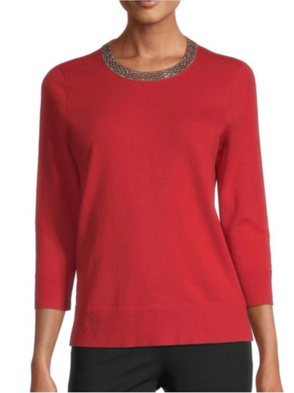 Liz Claiborne Red Crewneck Sweater with Beaded Trim